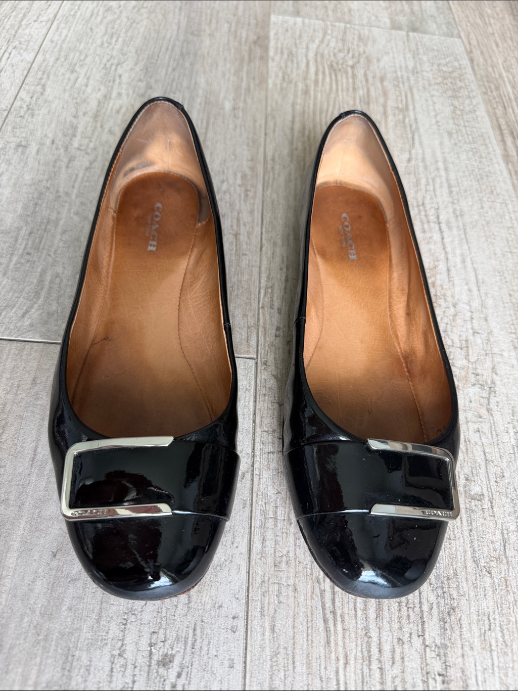 Coach Black Patent Leather Flats With Silver Buckle